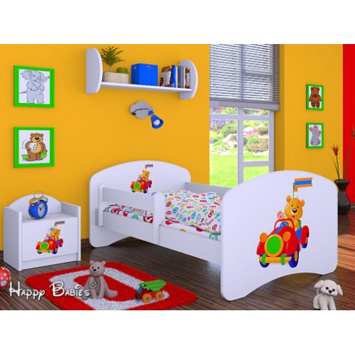 Dětská postel Happy Babies se zábranou Bílá Medvídek v autíčku 180x90