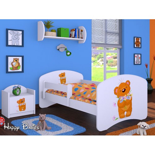 Dětská postel Happy Babies se zábranou Bílá Medvídek s květinkou 160x80