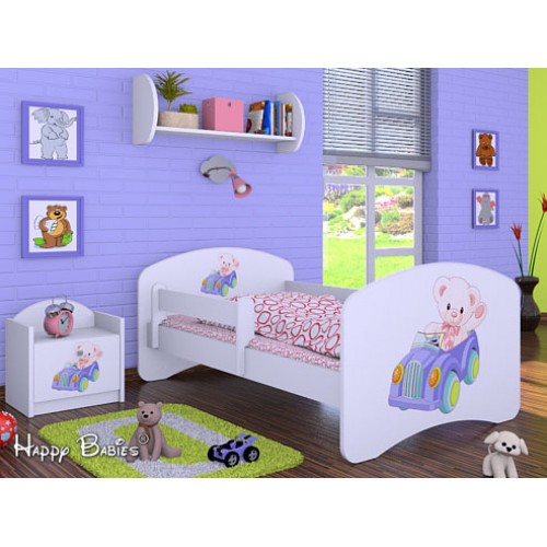 Dětská postel Happy Babies se zábranou Bílá Medvídek v modrém autě 160x80