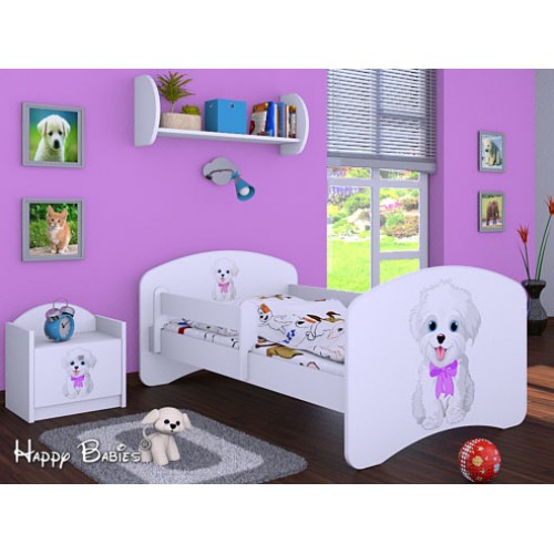 Dětská postel Happy Babies Bílá se zábranou Pejsek s mašlí 160x80