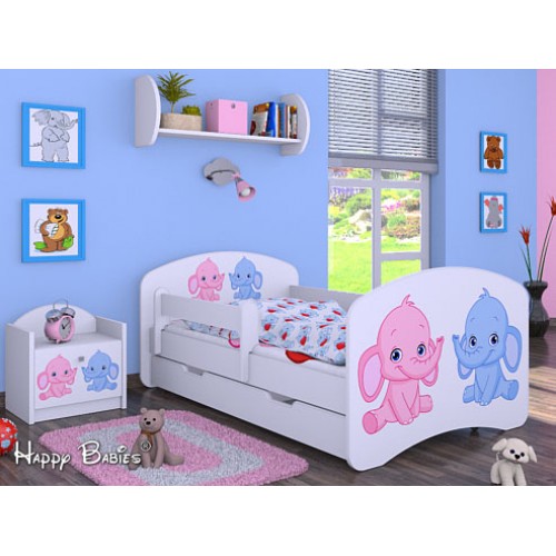 Dětská postel Happy Babies Bílá se zábranou Slůňata 160x80