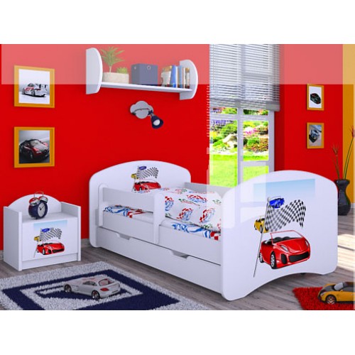 Dětská postel Happy Babies Bílá se zábranou Závodní auta 160x80