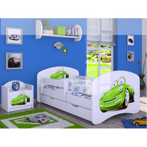 Dětská postel Happy Babies Bílá se zábranou Veselé autíčko 160x80