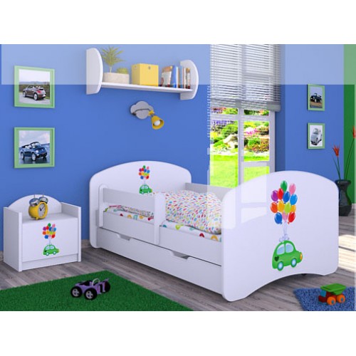 Dětská postel Happy Babies Bílá se zábranou Autíčko s balónky II 160x80