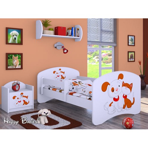 Dětská postel Happy Babies se zábranou Bílá Pejsek s kočičkou 140x70