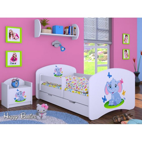 Dětská postel Happy Babies Bílá se zábranou Slůně s motýlky 140x70