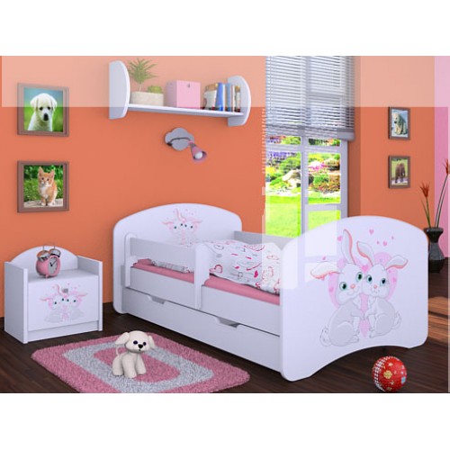 Dětská postel Happy Babies Bílá se zábranou Králíčci 140x70