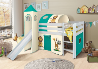 Happy Babies Vyvýšená postel + skluzavka a domeček přírodní Safari 200x90